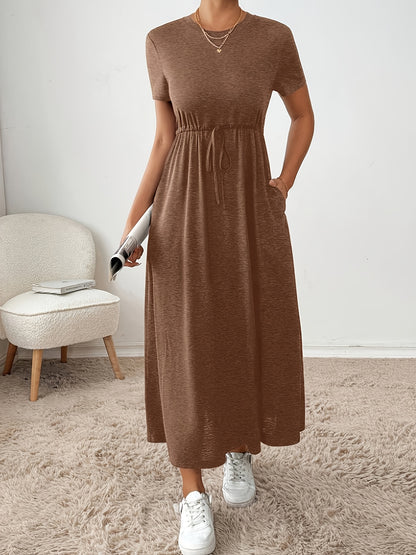 Effortless Drawstring Maxi Dress for Women with Round Neck Short Sleeve Cinched Waist Flowing Casual Style