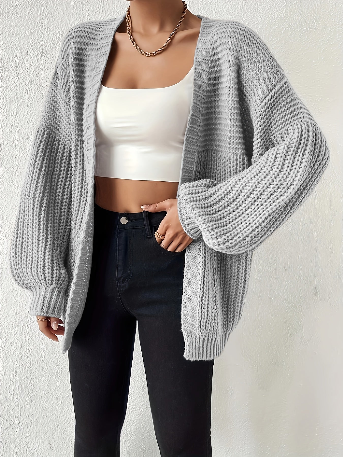 Comfortable Chunky Cardigan Sweater for Women with Open Front Balloon Sleeve Oversized Relaxed Knit Style