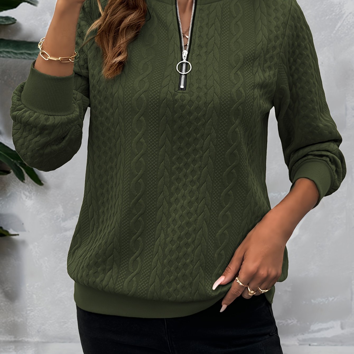 Comfortable Cable Knit Sweater for Women with Quarter Zip Mock Neck Long Sleeve Relaxed Casual Style