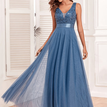Elegant Embroidered Sequin Maxi Dress for Women with V Neck Sleeveless A Line Formal Wedding Guest Style