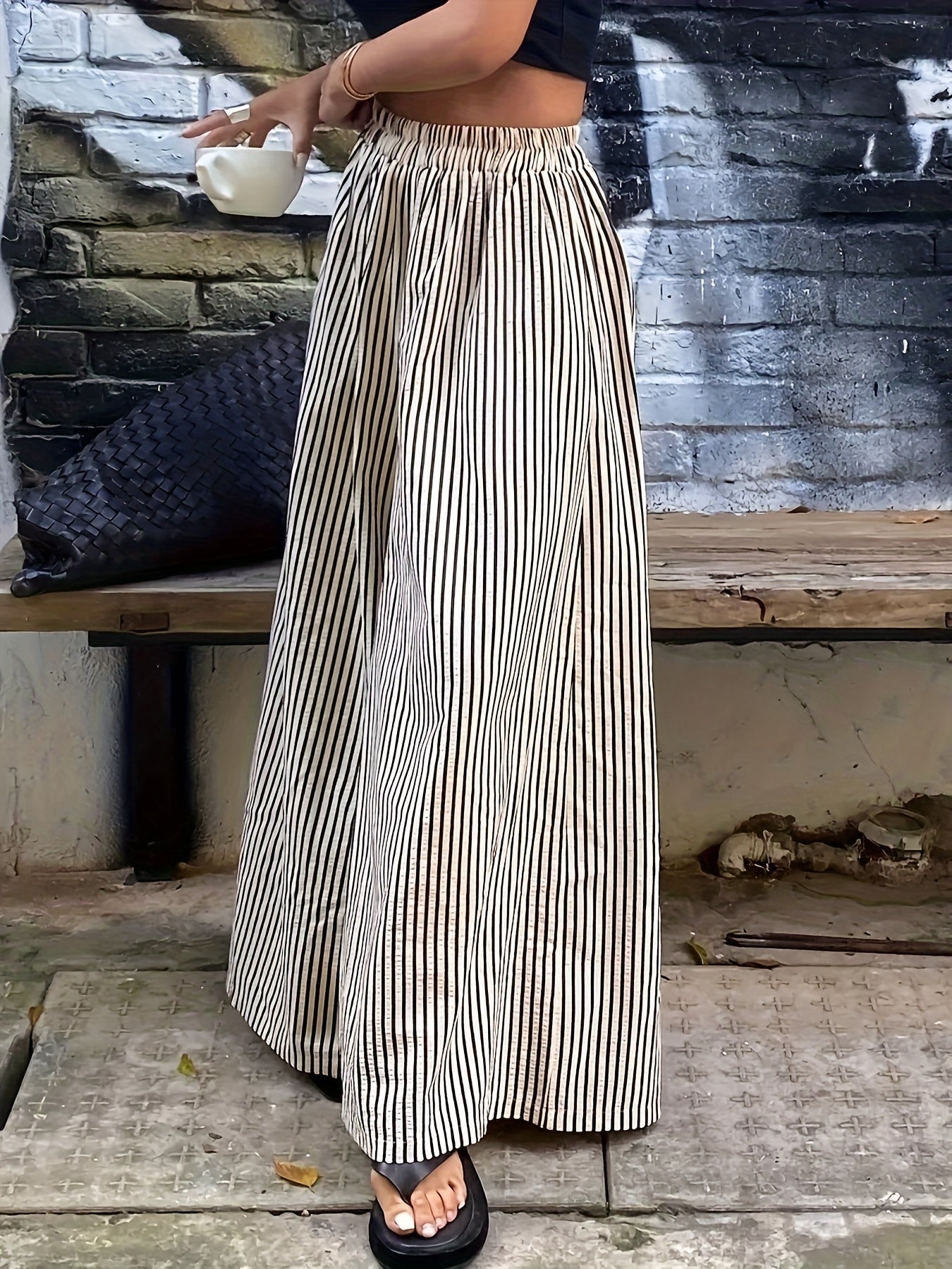 Effortless Apricot Striped Wide Leg Pants for Women with High Waist Flowing Palazzo Casual Style