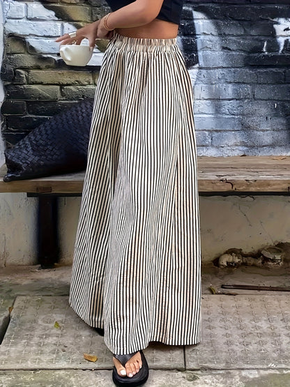 Effortless Apricot Striped Wide Leg Pants for Women with High Waist Flowing Palazzo Casual Style