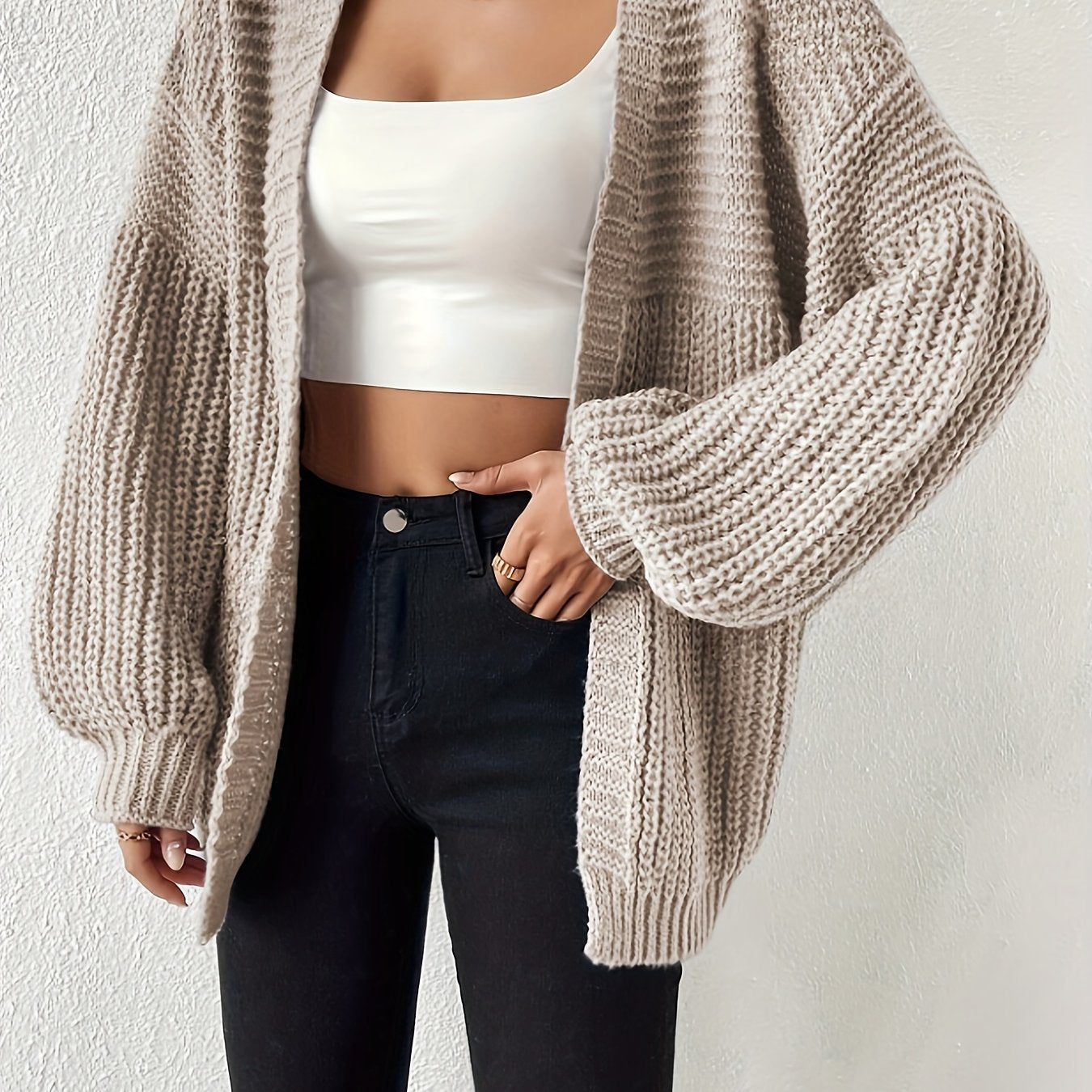 Comfortable Chunky Cardigan Sweater for Women with Open Front Balloon Sleeve Oversized Relaxed Knit Style