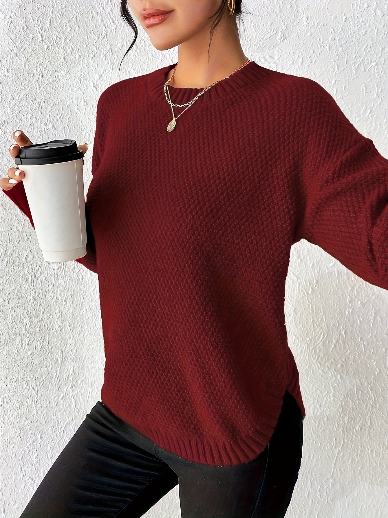 Comfortable Waffle Knit Sweater for Women with Crew Neck Long Sleeve Relaxed Oversized Casual Style