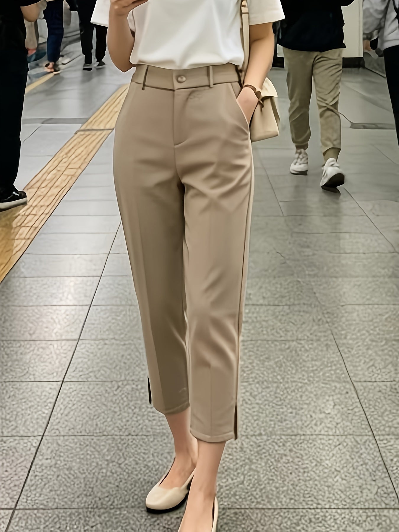 Elegant Tailored Dress Pants for Women with High Waist Button Front Side Slit Cropped Style