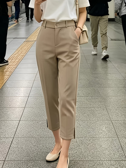 Elegant Tailored Dress Pants for Women with High Waist Button Front Side Slit Cropped Style