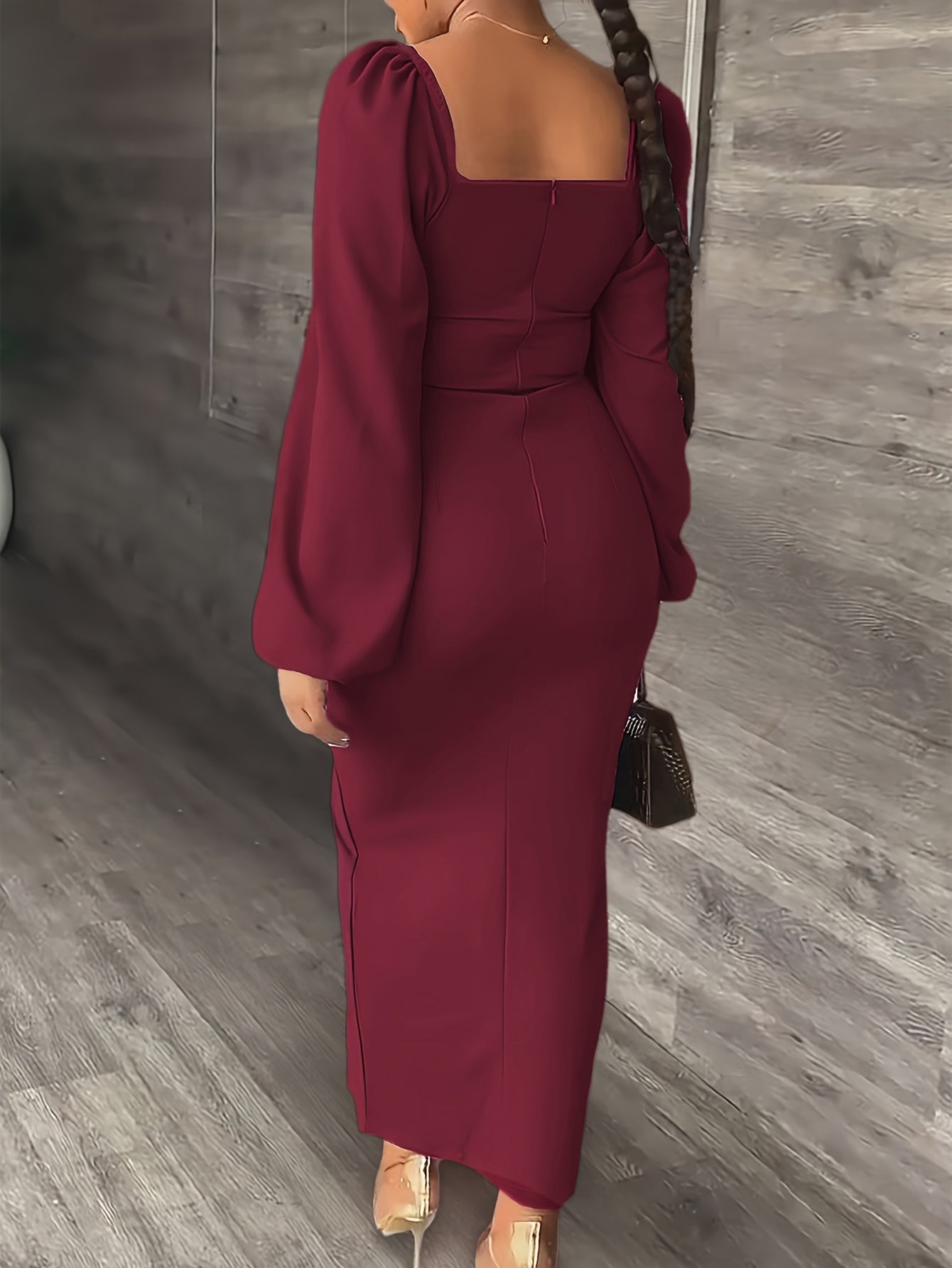 Elegant Bodycon Midi Dress for Women with Square Neck Long Puff Sleeve Side Slit Cocktail Style