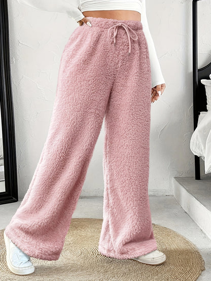 Effortless Fuzzy Fleece Wide Leg Pants for Women with High Waist Drawstring Relaxed Cozy Style