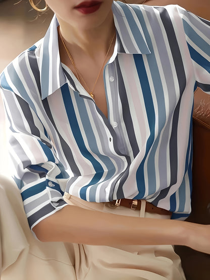 Effortless Striped Blouse for Women with Collar Long Sleeve Button Front Relaxed Style