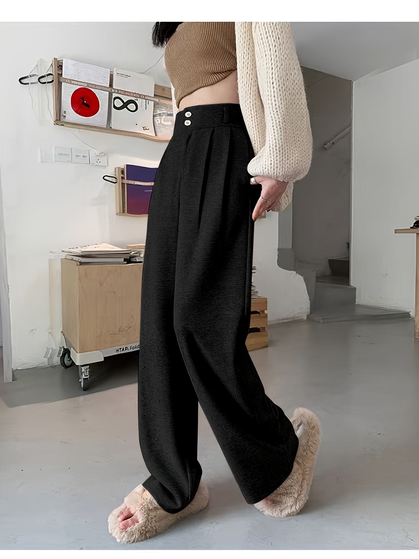 Effortless Herringbone Wide Leg Pant for Women with High Waist Button Front Pleated Tailored Style