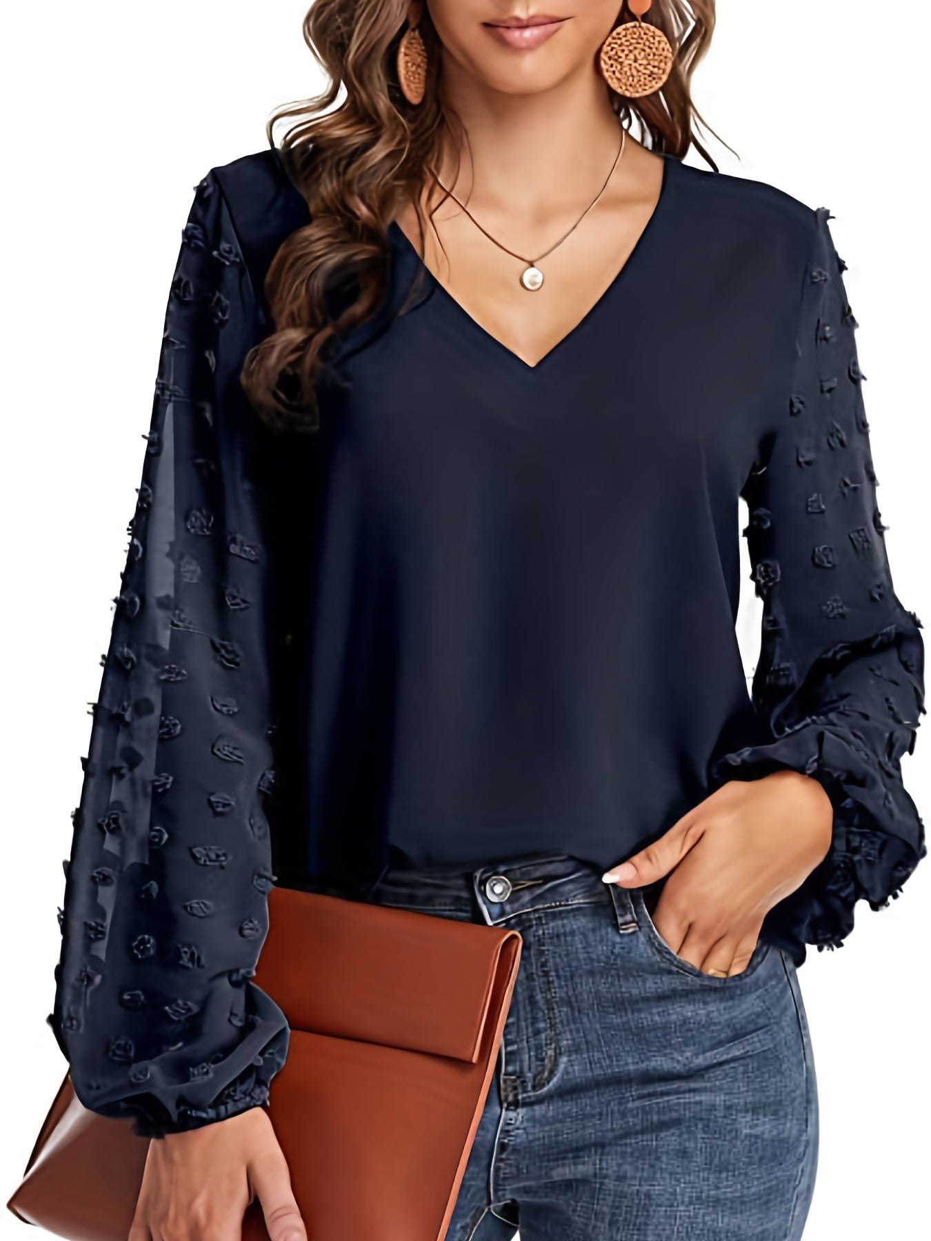 Elegant Swiss Dot Blouse for Women with V Neck Balloon Sleeve Relaxed Silky Style