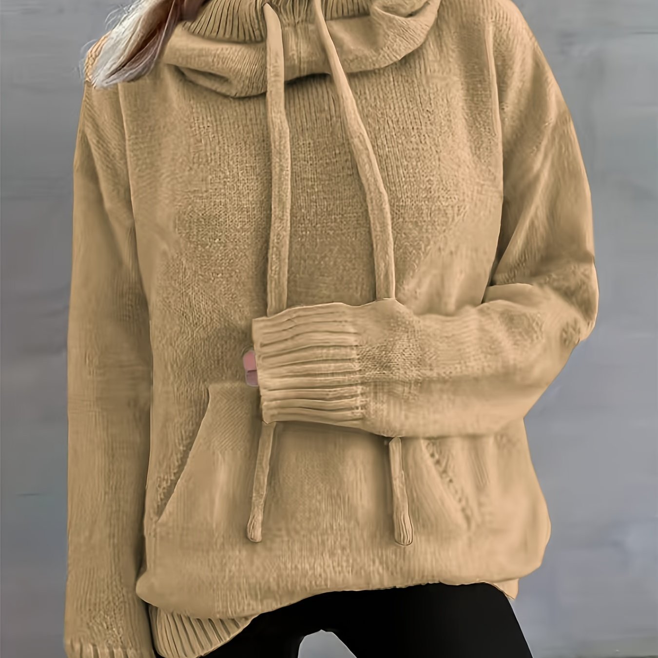 Comfortable Knit Sweater for Women with Cowl Neck Long Sleeve Drawstring Oversized Relaxed Style