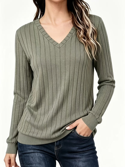 Comfortable Ribbed Knit Sweater for Women with V Neck Long Sleeve Relaxed Oversized Casual Style