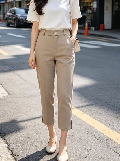 Elegant Tailored Dress Pants for Women with High Waist Button Front Side Slit Cropped Style