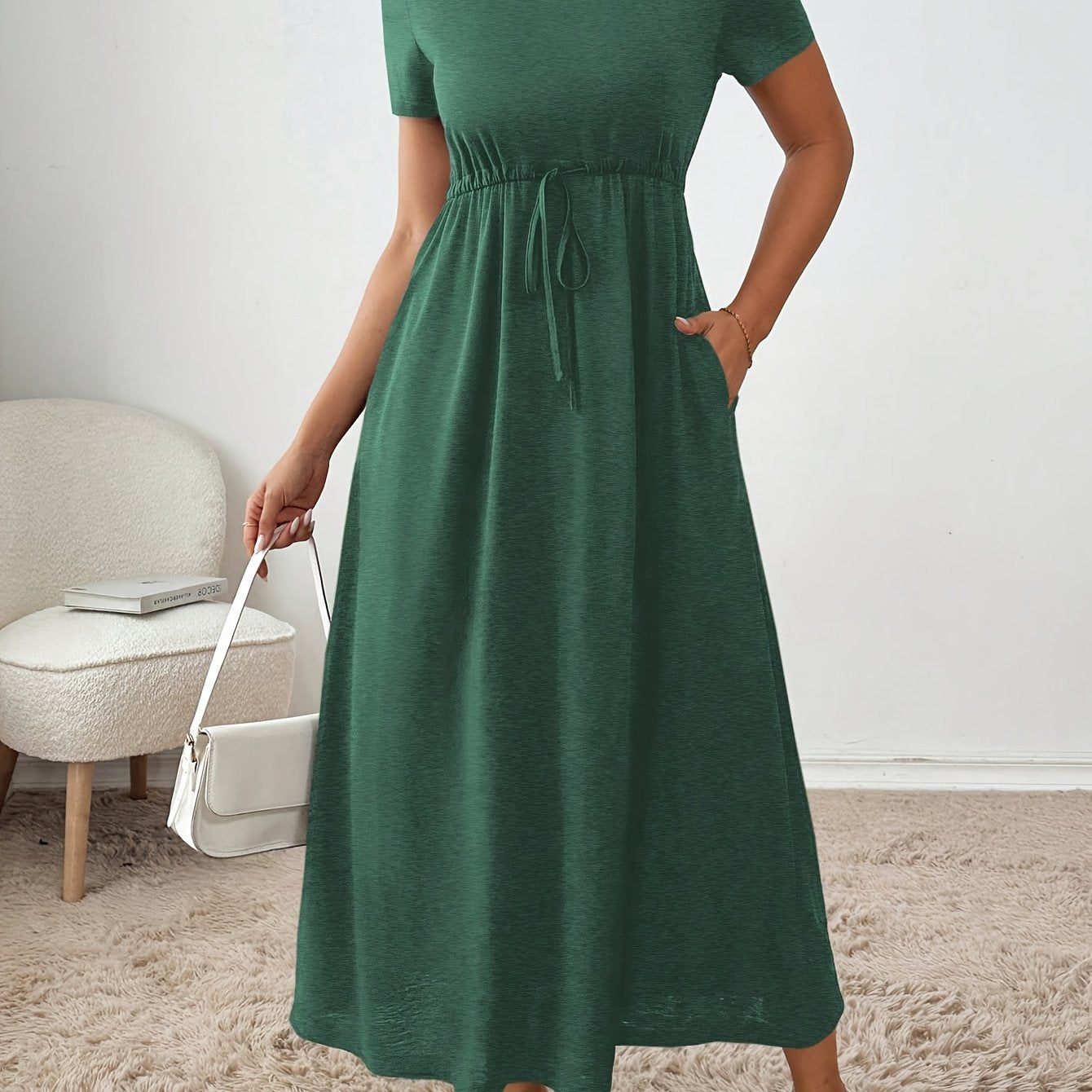 Effortless Drawstring Maxi Dress for Women with Round Neck Short Sleeve Cinched Waist Flowing Casual Style