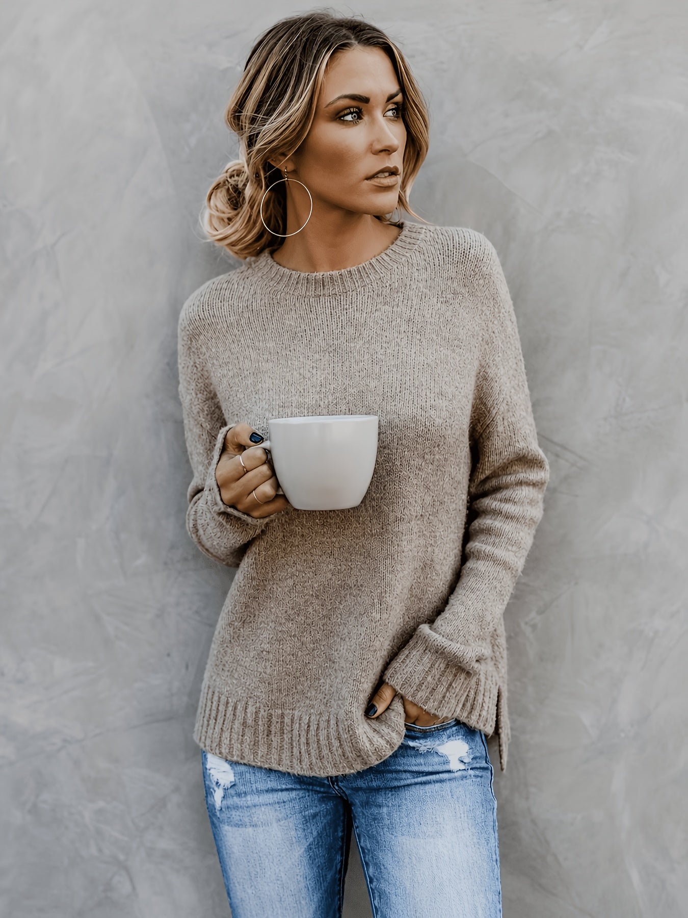 Comfortable Knit Sweater for Women with Crew Neck Bell Sleeve Side Slit Oversized Style
