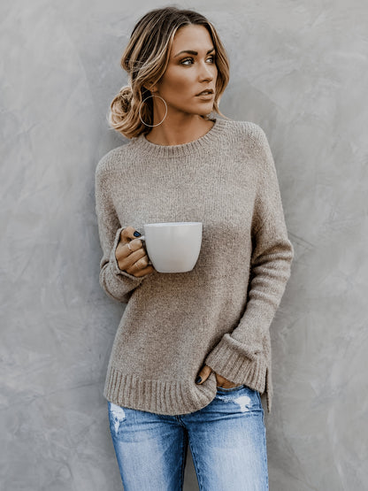 Comfortable Knit Sweater for Women with Crew Neck Bell Sleeve Side Slit Oversized Style