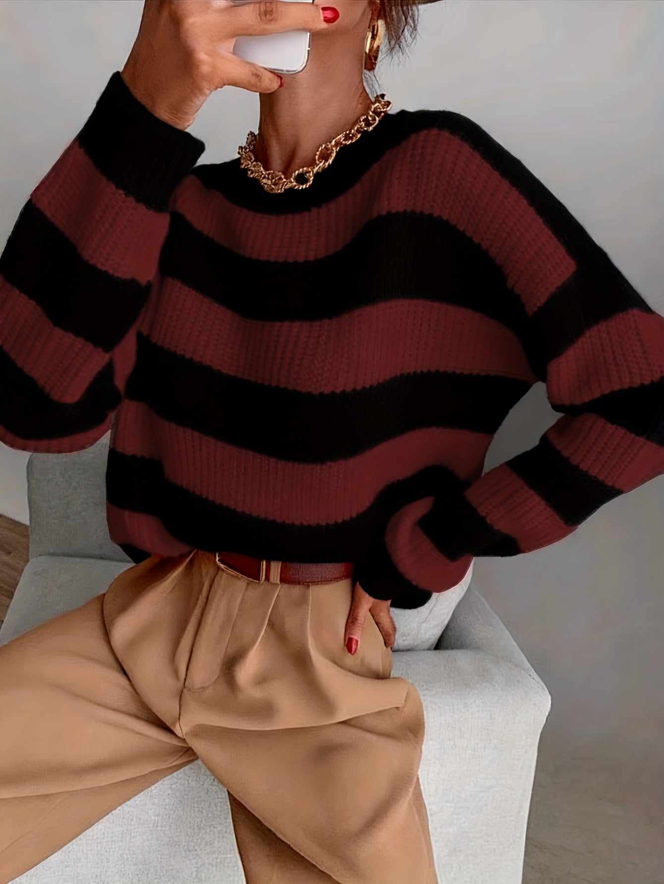 Comfortable Striped Sweater for Women with Crew Neck Long Sleeve Relaxed Oversized Knit Style