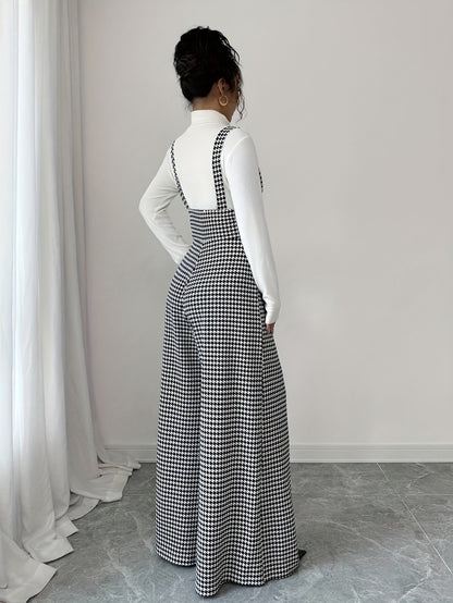 Elegant Houndstooth Wide Leg Overalls for Women with Square Neck Sleeveless High Waist Button Front Relaxed Style