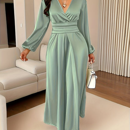 Elegant Satin Wrap Maxi Dress for Women with V Neck Bishop Sleeve Pleated Waist High Slit Flowing Style
