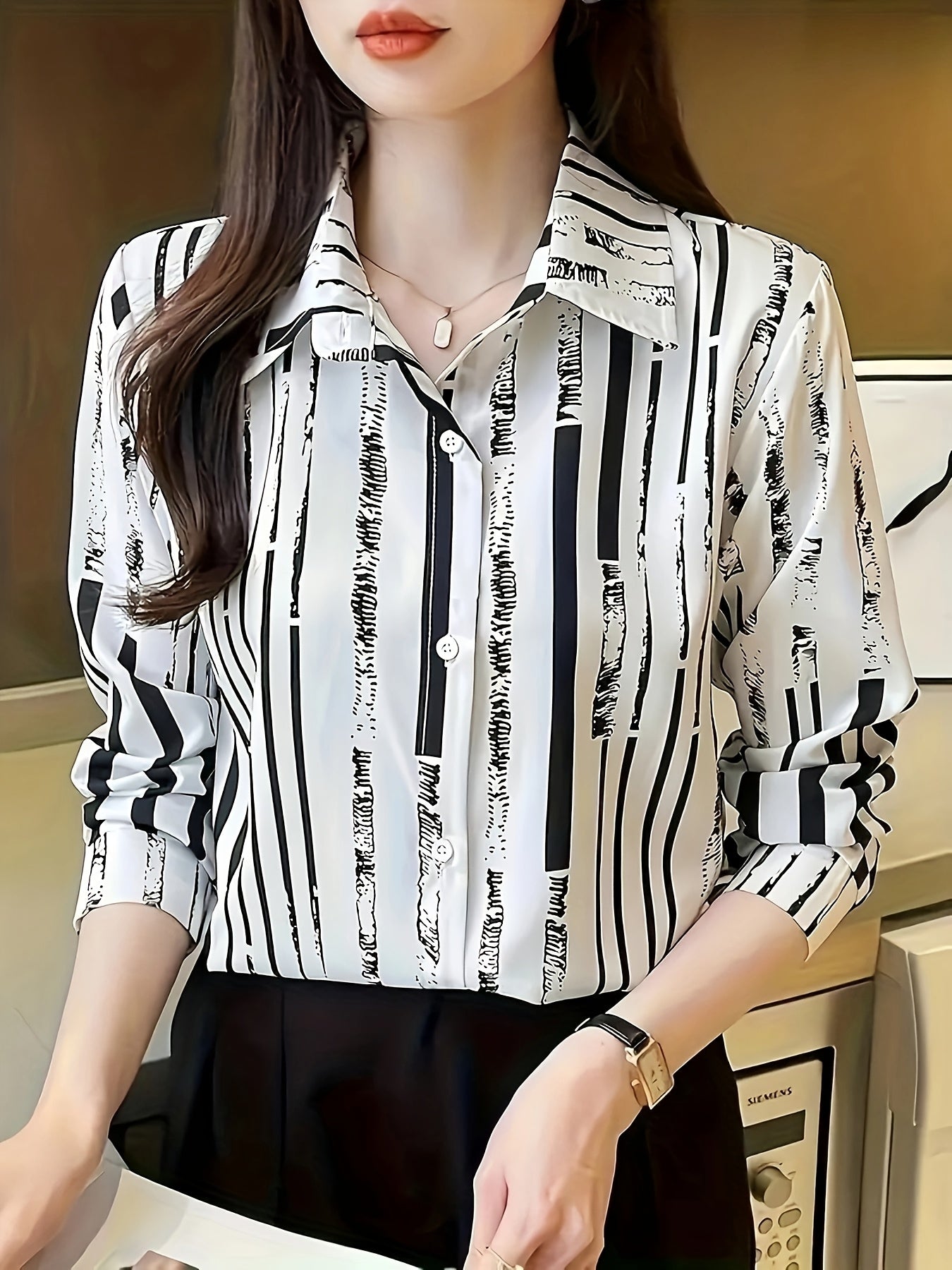 Effortless Striped Blouse for Women with Collar Long Sleeve Button Front Relaxed Style