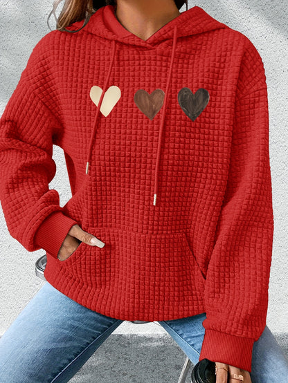 Effortless Heart Print Waffle Knit Hoodie for Women with Drawstring Hood Long Sleeve Oversized Relaxed Style