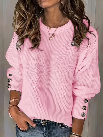 Comfortable Ribbed Knit Sweater for Women with Crew Neck Long Sleeve Button Cuff Relaxed Oversized Style