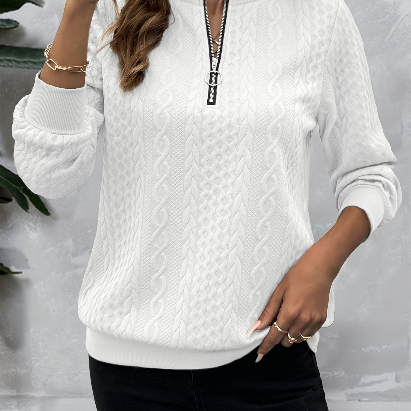 Comfortable Cable Knit Sweater for Women with Quarter Zip Mock Neck Long Sleeve Relaxed Casual Style