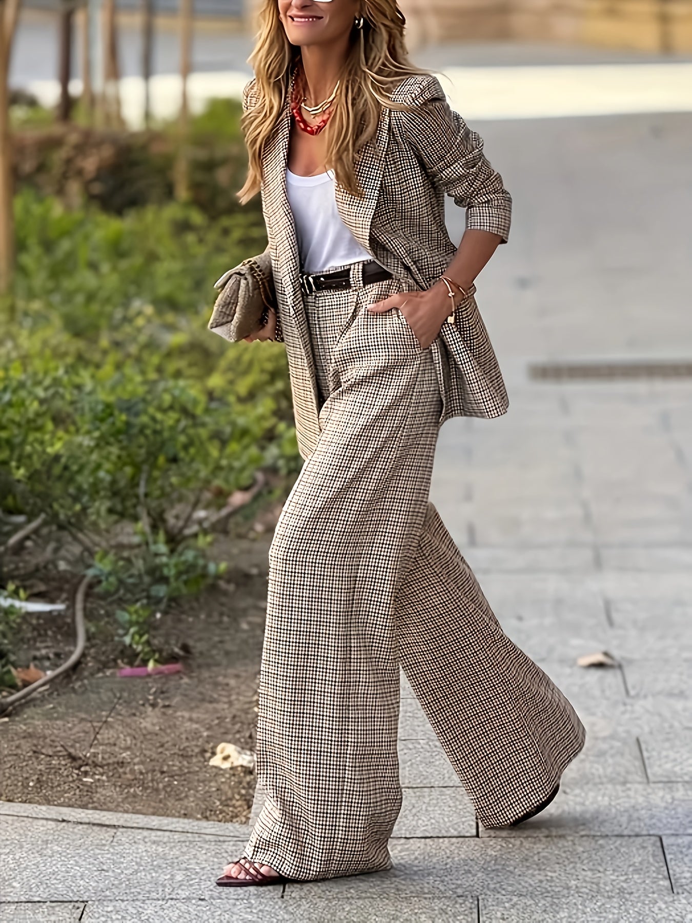 Elegant Plaid Tailored Suit for Women with Lapel Collar Long Sleeve Blazer Wide Leg Two Piece Style