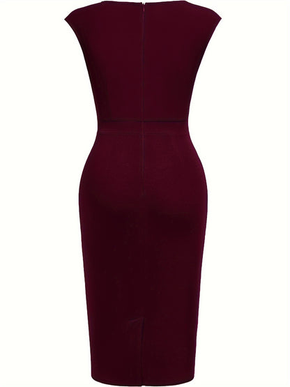 Elegant Sheath Midi Dress for Women with Sweetheart Neck Cap Sleeve Ruched Bodycon Style
