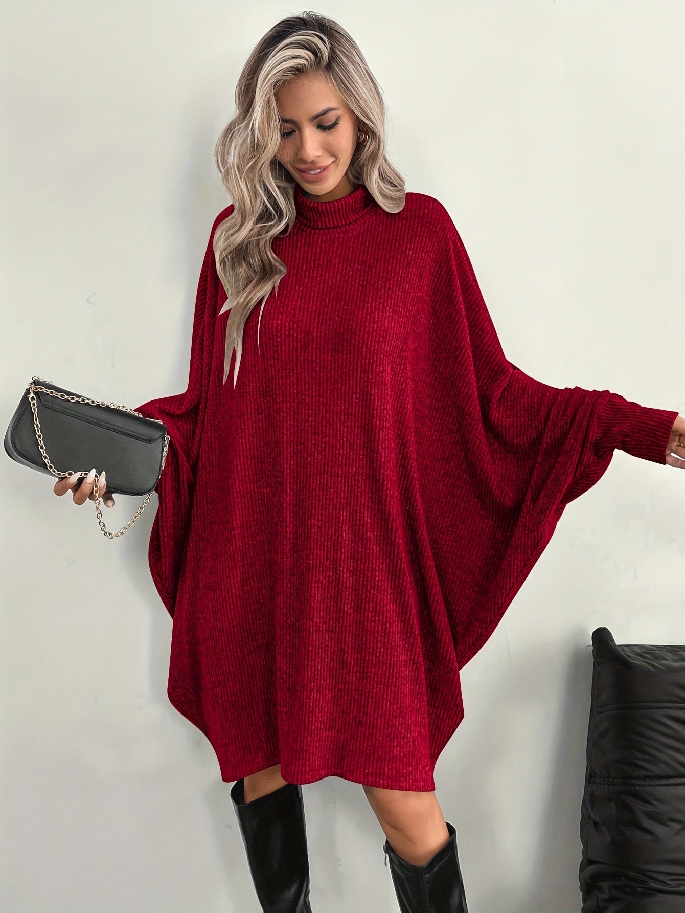 Comfortable Ribbed Knit Sweater Dress for Women with Mock Neck Batwing Sleeve Relaxed Oversized Knit Style