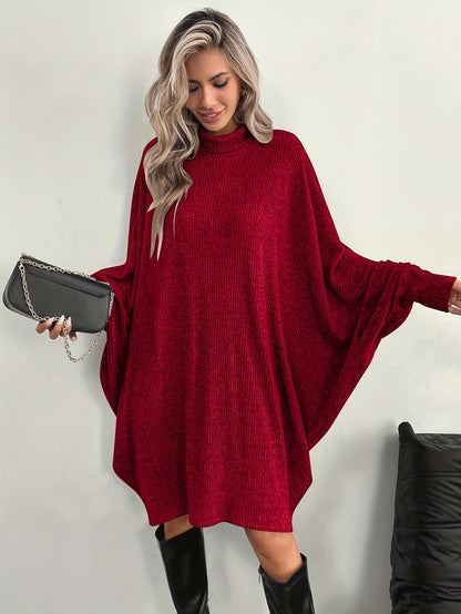 Comfortable Ribbed Knit Sweater Dress for Women with Mock Neck Batwing Sleeve Relaxed Oversized Knit Style