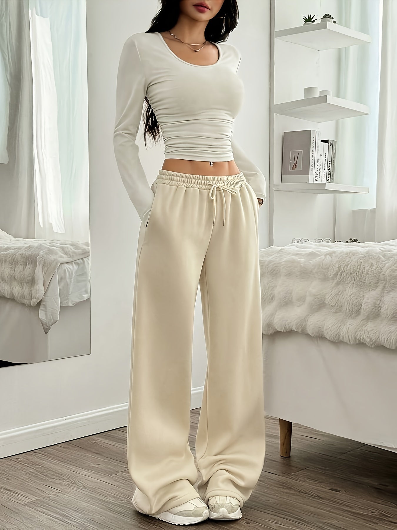 Effortless Wide Leg Set for Women with Round Neck Long Sleeve Ruched Drawstring Two Piece Style