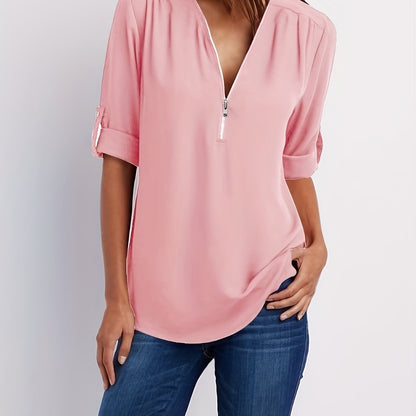 Effortless Chiffon Blouse for Women with V Neck Zip Front Roll Tab Sleeve Relaxed Style