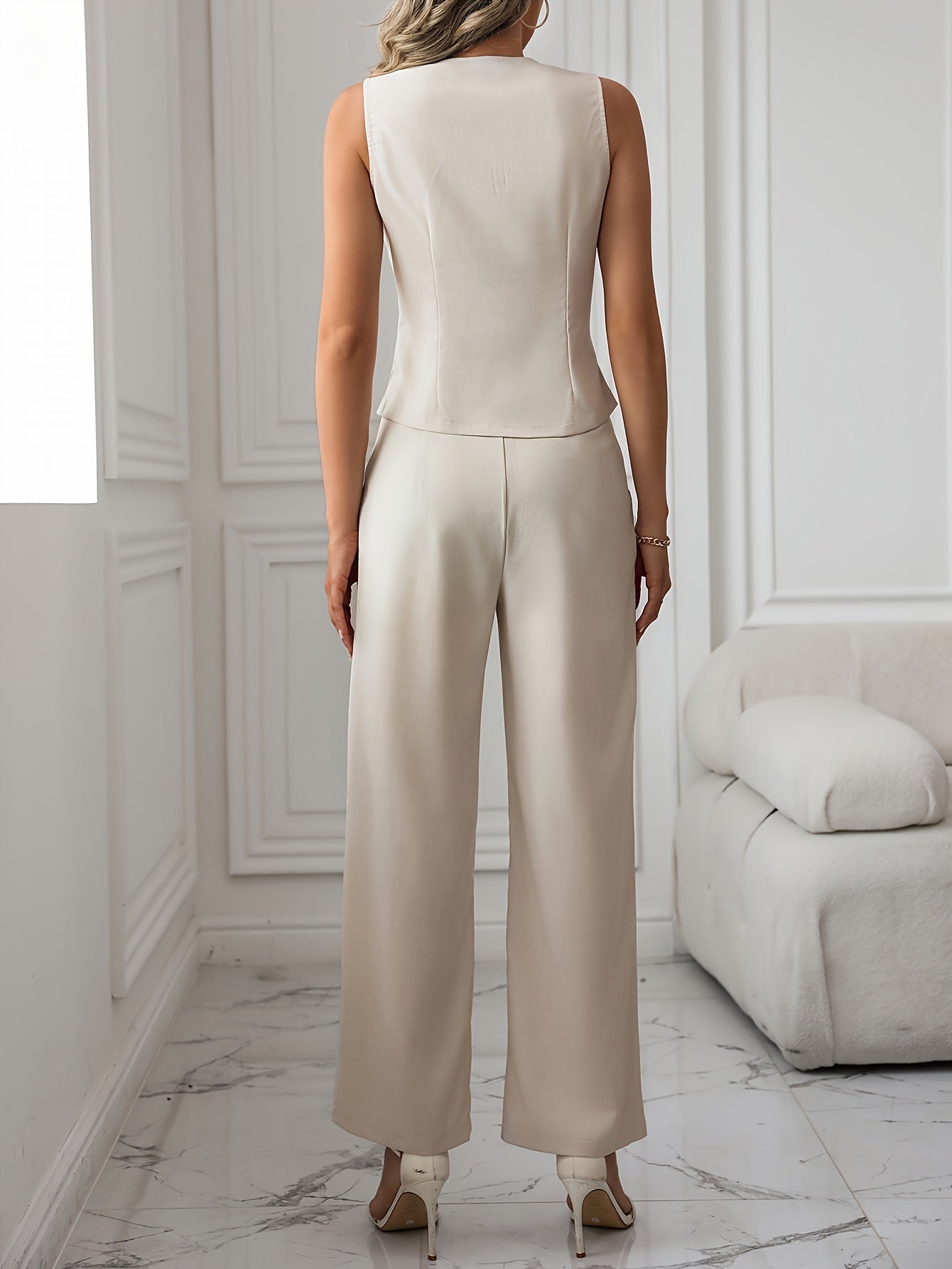 Elegant Apricot Wide Leg Set for Women with V Neck Sleeveless Asymmetrical Button Front Style