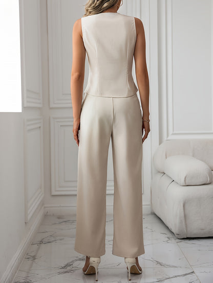 Elegant Apricot Wide Leg Set for Women with V Neck Sleeveless Asymmetrical Button Front Style