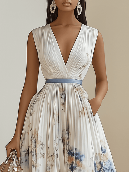 Effortless White Floral Midi Dress for Women with V Neck Sleeveless Pleated Belted Flowing Style