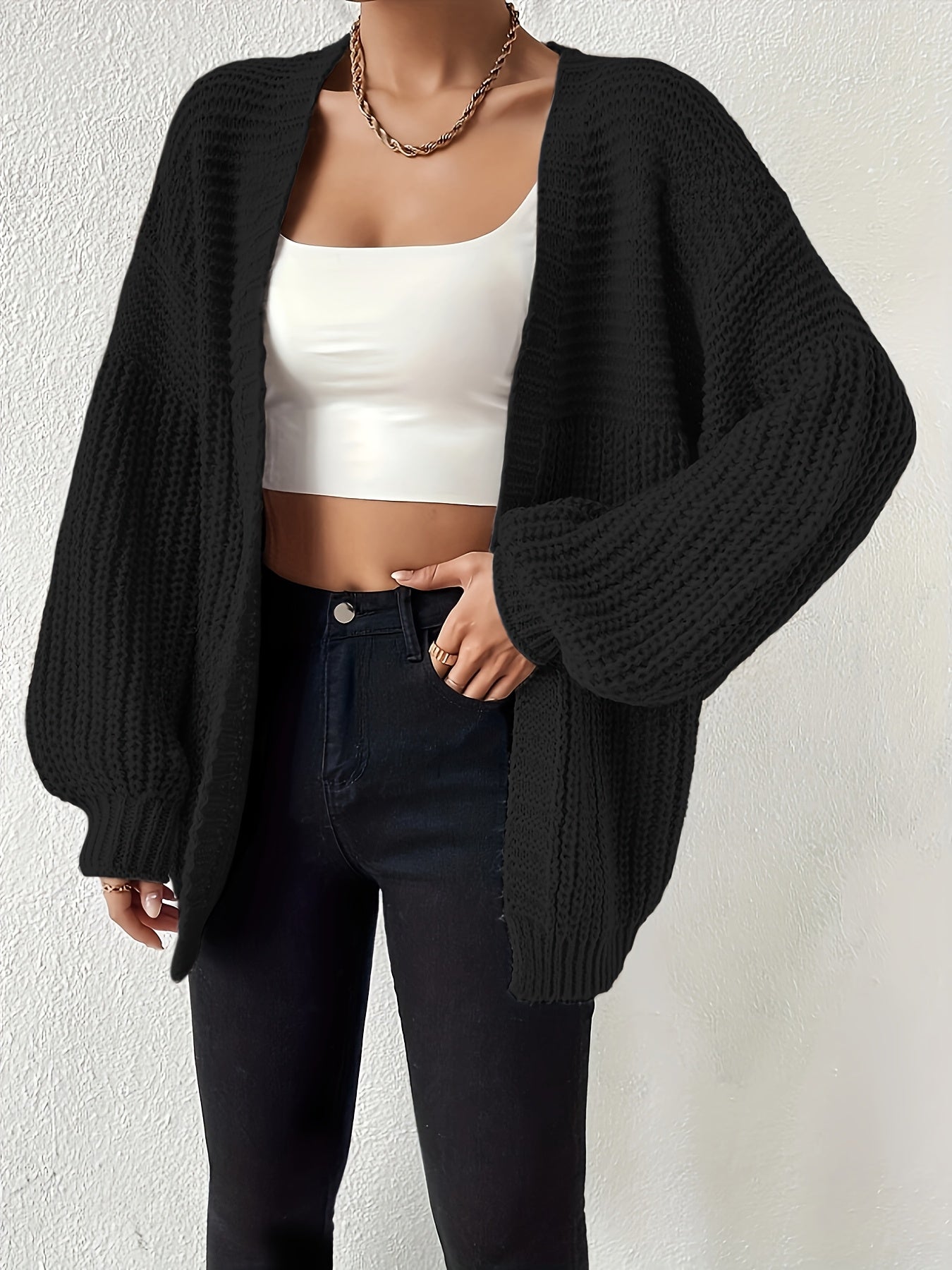 Comfortable Chunky Cardigan Sweater for Women with Open Front Balloon Sleeve Oversized Relaxed Knit Style
