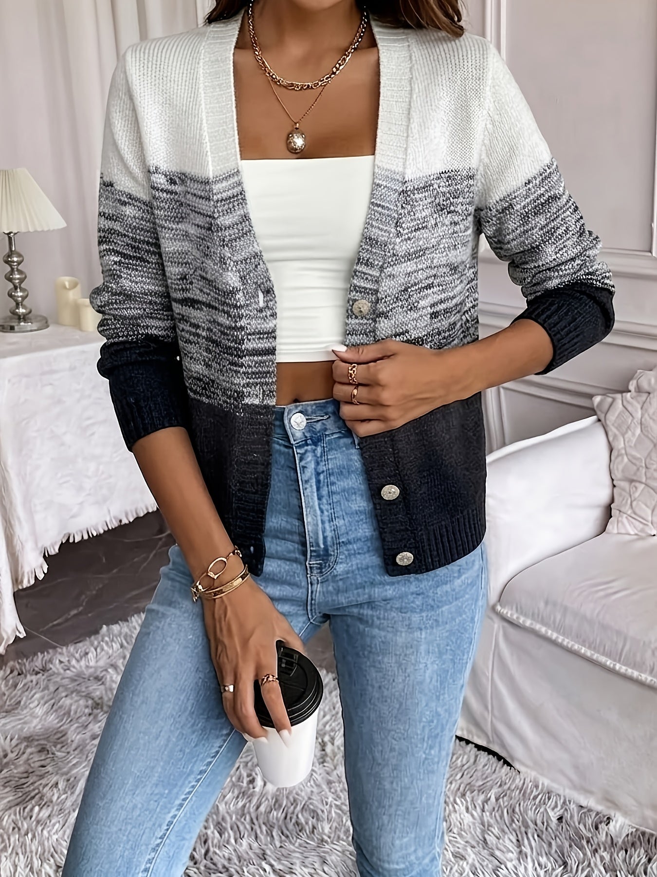 Comfortable Space Dye Cardigan Sweater for Women with V Neck Long Sleeve Button Front Cropped Knit Style