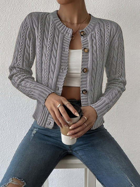Comfortable Cable Knit Cardigan Sweater for Women with Round Neck Long Sleeve Button Front Cropped Relaxed Style