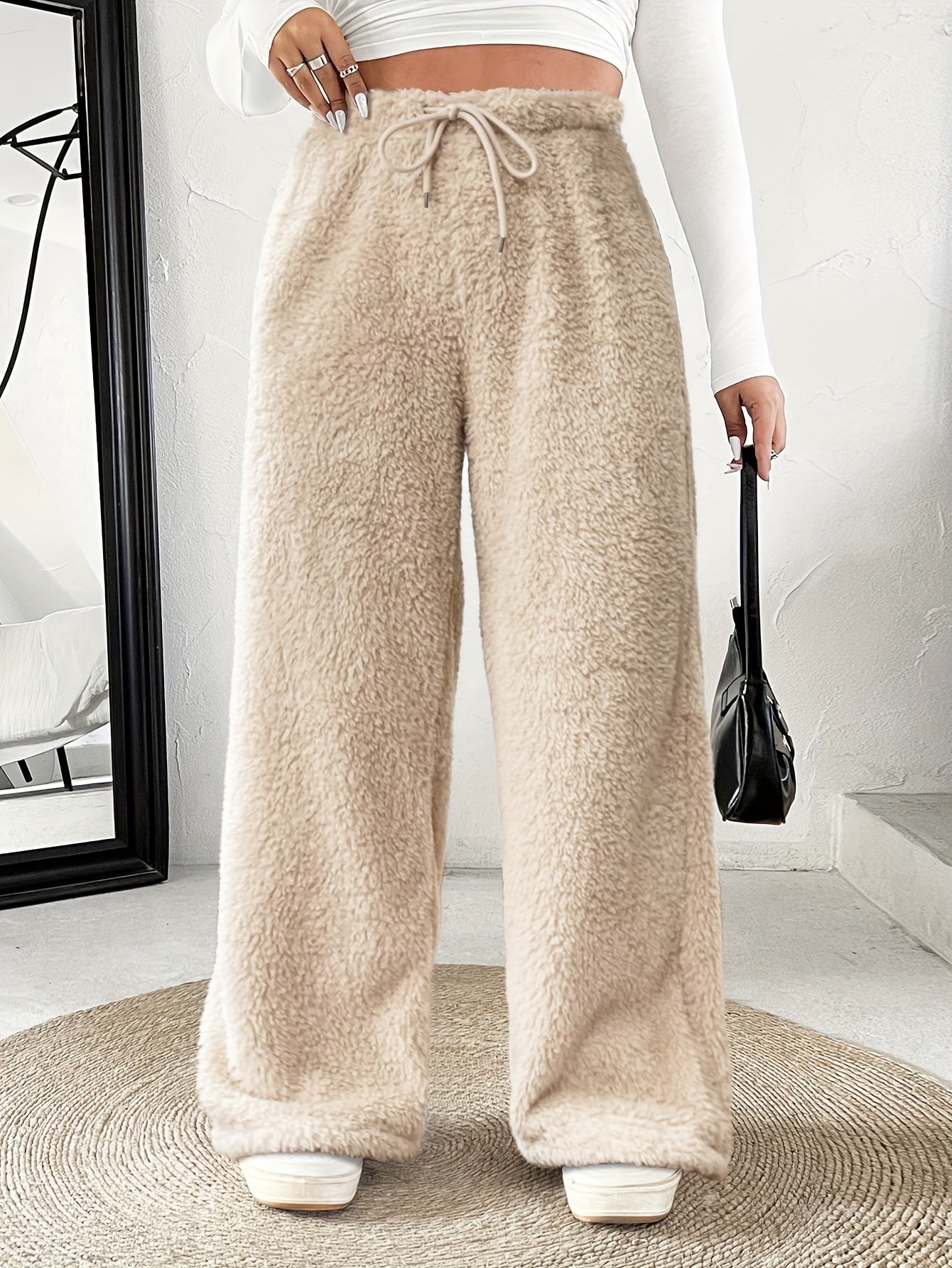 Effortless Fuzzy Fleece Wide Leg Pants for Women with High Waist Drawstring Relaxed Cozy Style