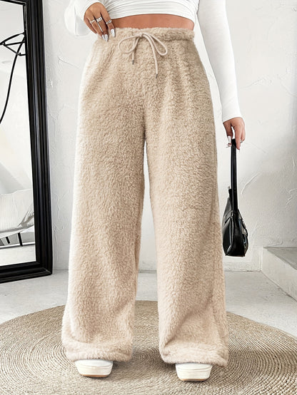 Effortless Fuzzy Fleece Wide Leg Pants for Women with High Waist Drawstring Relaxed Cozy Style