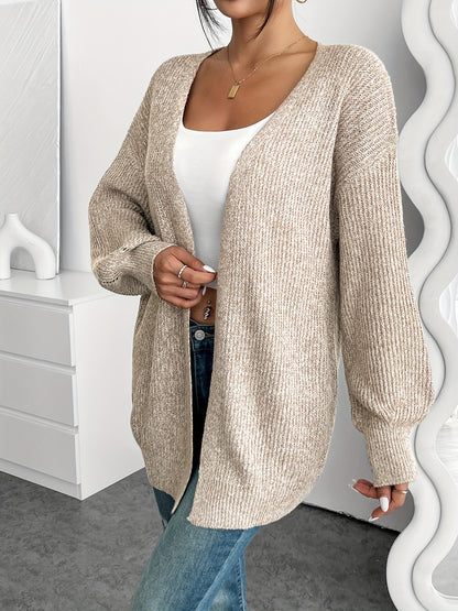Comfortable Light Yellow Ribbed Cardigan for Women with Open Front Balloon Sleeve Oversized Knit Style