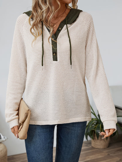 Effortless Waffle Knit Hoodie for Women with Drawstring Hood Long Sleeve Button Placket Relaxed Style