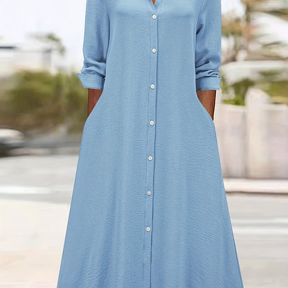 Effortless Shirt Dress for Women with Collar Long Sleeve Button Front Flowing Style