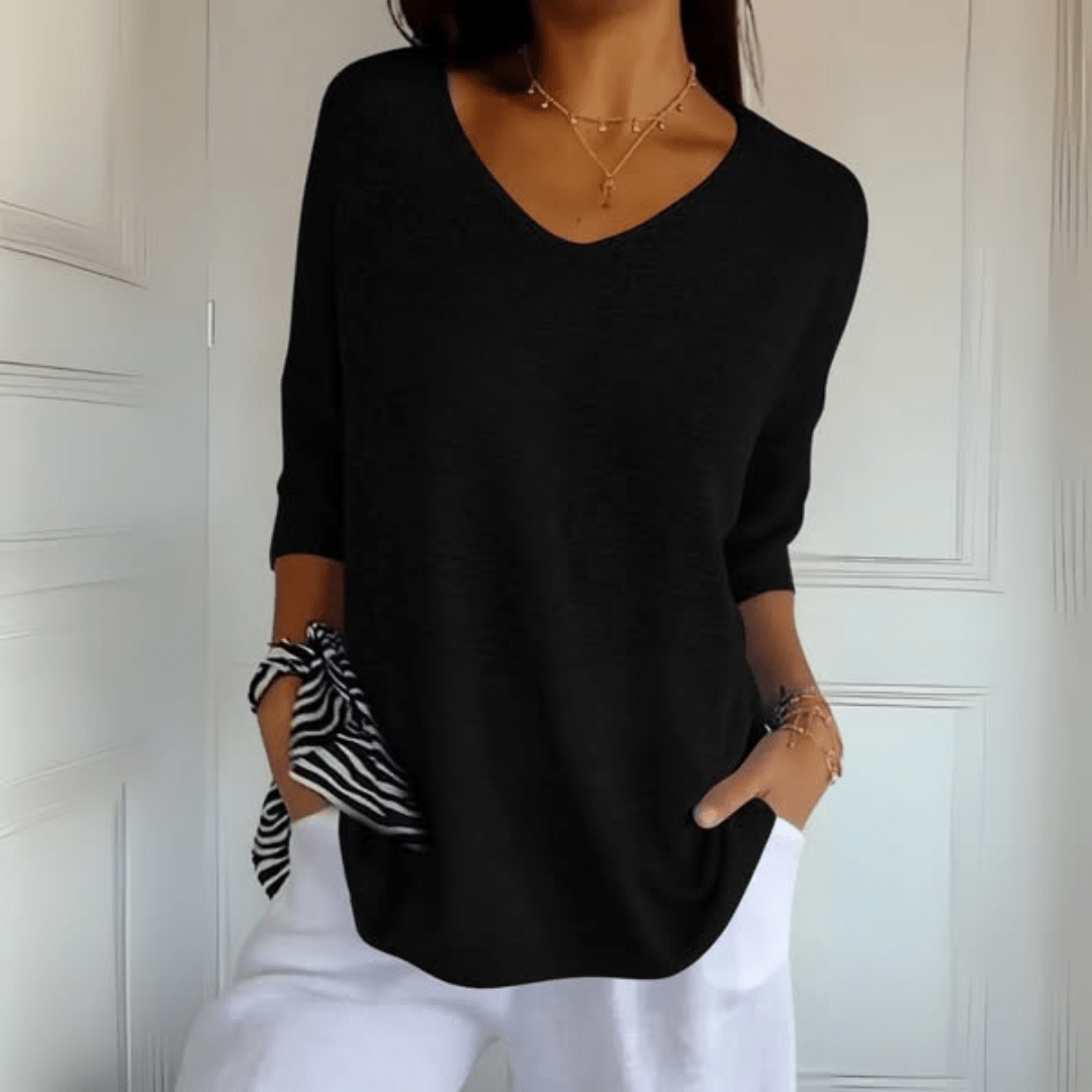 Comfortable Oversized Knit Sweater for Women with V Neck Elbow Sleeve Relaxed Tunic Style