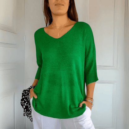 Comfortable Oversized Knit Sweater for Women with V Neck Elbow Sleeve Relaxed Tunic Style