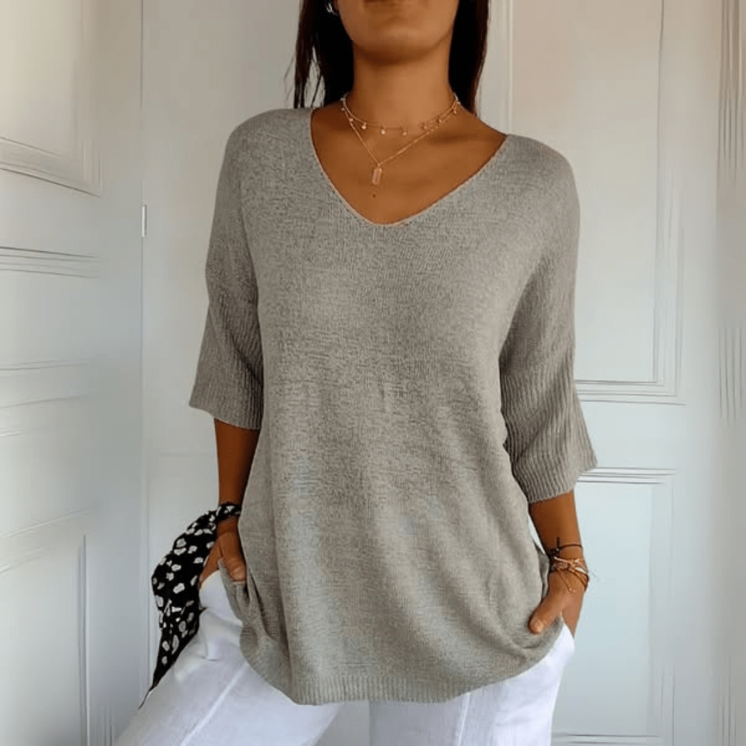 Comfortable Oversized Knit Sweater for Women with V Neck Elbow Sleeve Relaxed Tunic Style
