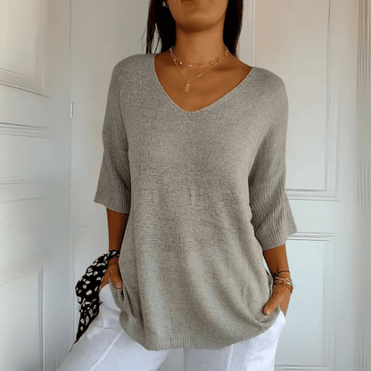 Comfortable Oversized Knit Sweater for Women with V Neck Elbow Sleeve Relaxed Tunic Style