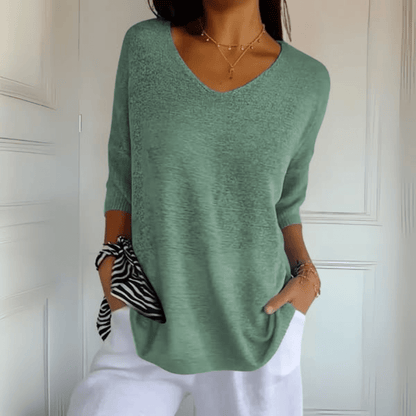 Comfortable Oversized Knit Sweater for Women with V Neck Elbow Sleeve Relaxed Tunic Style